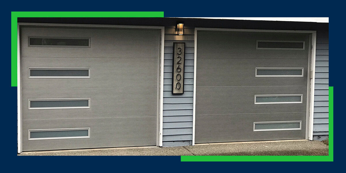 a graphic with a photo of two single garage doors