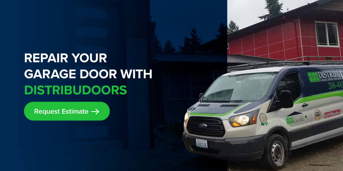 Graphic with Distribudoors van that reads "Repair Your Garage Door With DistribuDoors. Request Estimate"